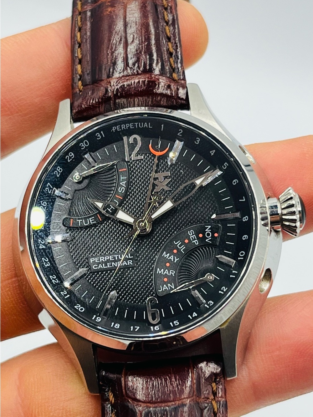 Perpetual Calendar Men's Watch - Black Dial, Brown Leather Strap - Picture 9 of 11